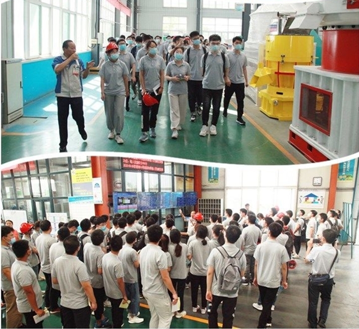 同學(xué)們進(jìn)入顆粒機(jī)產(chǎn)品展廳與精益化生產(chǎn)車間
